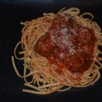 Basil and Garlic Meatballs with Marinara over Linguine